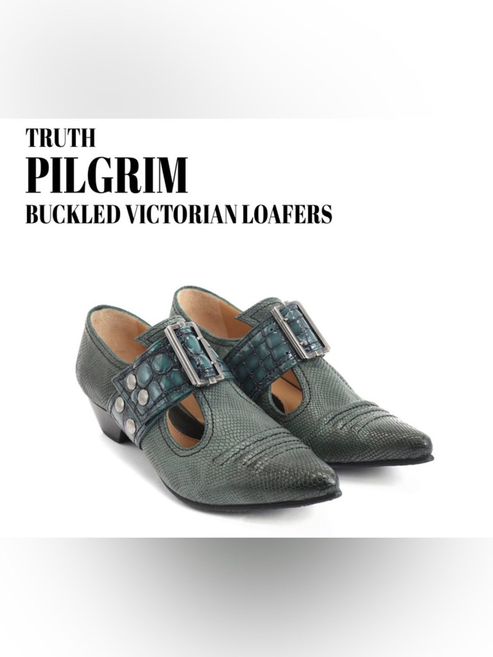 Fluevog LIKE NEW Truth Pilgrim green croc embossed pointy buckle shoe-8.5 (fit 8